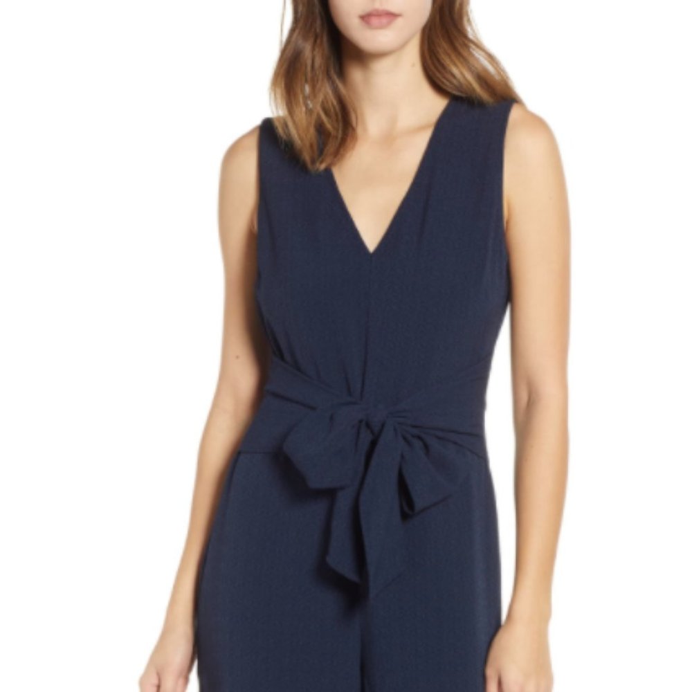 Navy Tie Waist Crop Jumpsuit